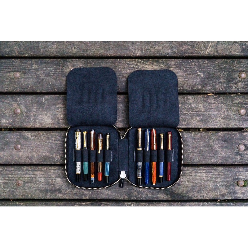 Galen Leather Zippered 10 Slots Pen Case Black