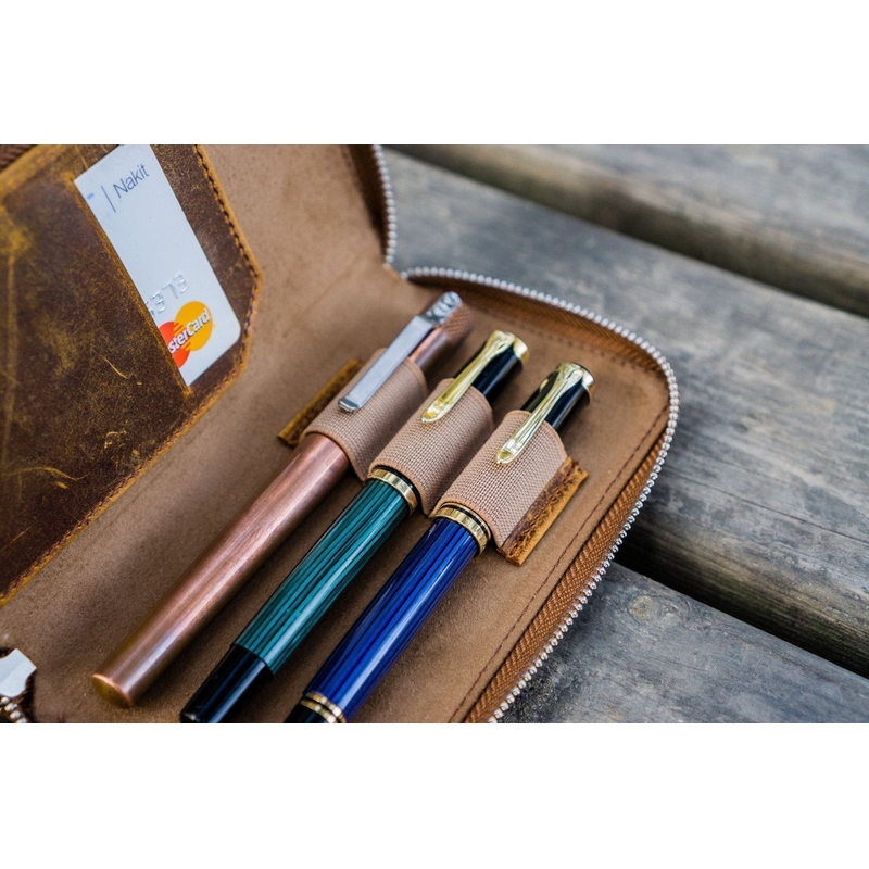 Galen Leather Zippered 3 Slots Pen Case Crazy Horse Brown
