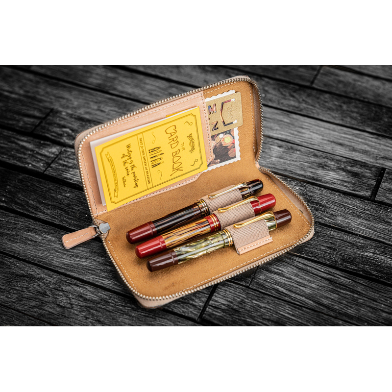 Galen Leather Zippered 3 Slots Pen Case Undyed Leather