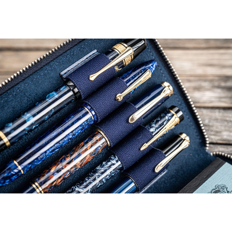 Galen Leather Zippered 5 Slots Pen Case with A6 Notebook Crazy Horse Navy Blue