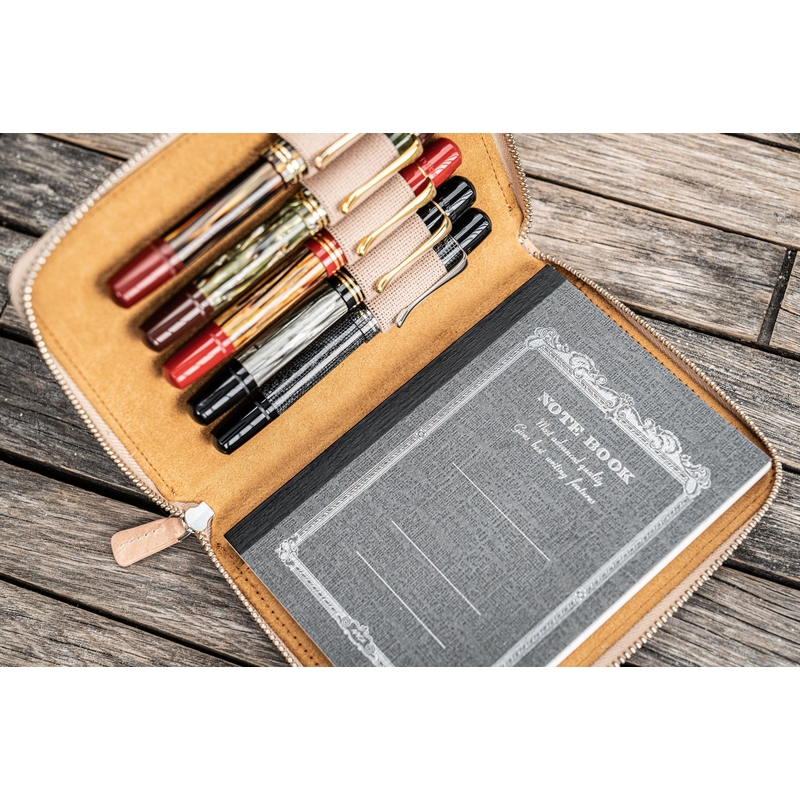 Galen Leather Zippered 5 Slots Pen Case with A6 Notebook Undyed Leather