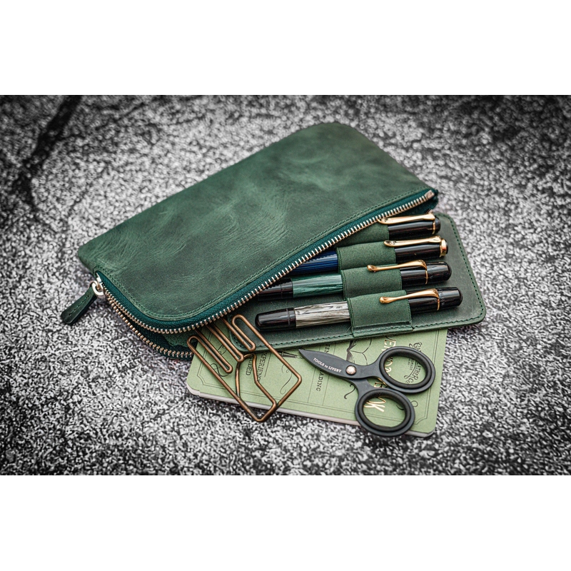 Galen Leather Slip-N-Zip 4 Slots Zippered Pen Pouch Crazy Horse Forest Green