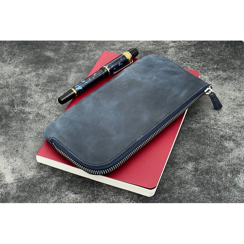 Galen Leather Slip-N-Zip Portapenne in Pelle 4 Posti Crazy Horse Navy Blue