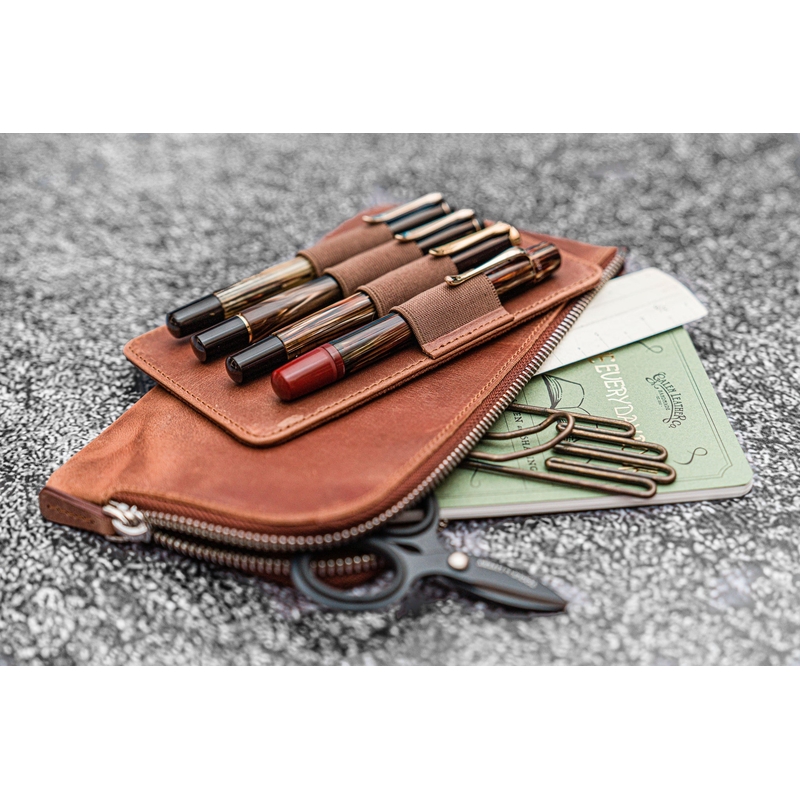 Galen Leather Slip-N-Zip 4 Slots Zippered Pen Pouch Crazy Horse Tan