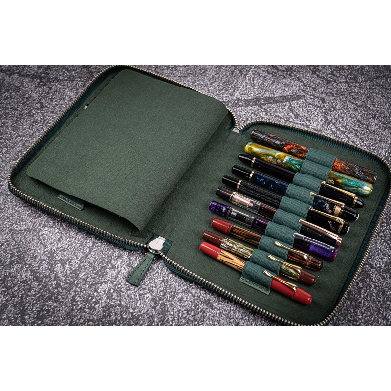 Galen Leather Portapenne in Pelle con Zip 20 Posti Crazy Horse Forest Green