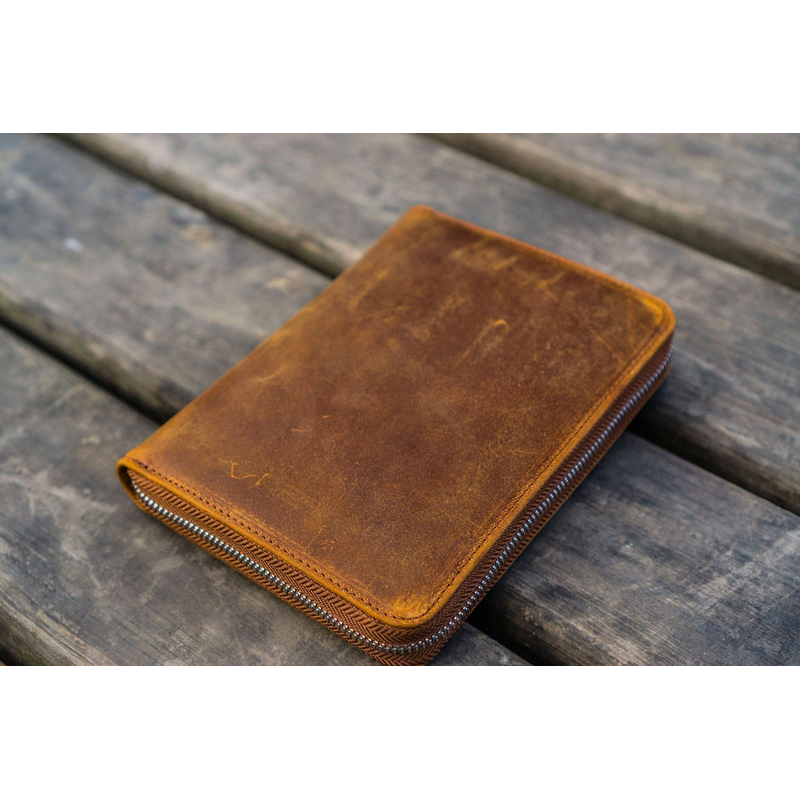 Galen Leather Zippered 5 Slots Pen Case with A6 Notebook Crazy Horse Brown