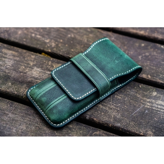Galen Leather Flap Pen Case for 3 Pens Crazy Horse Forest Green