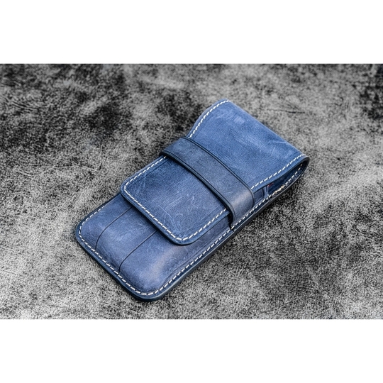 Galen Leather Flap Pen Case for 3 Pens Crazy Horse Navy Blue