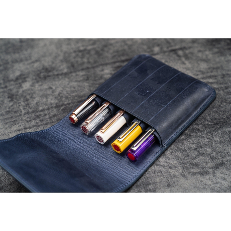 Galen Leather Galen Leather Flap Pen Case for 5 Pens Crazy Horse Navy Blue