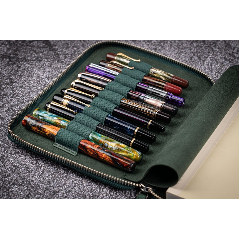 Galen Leather Galen Leather Zippered 10 Slots Pen Case with A5 Notebook Crazy Horse Forest Green