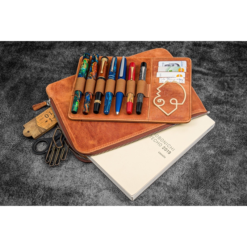 Galen Leather Galen Leather Writer's Bank Bag con Portapenne 7 Posti Crazy Horse Tan