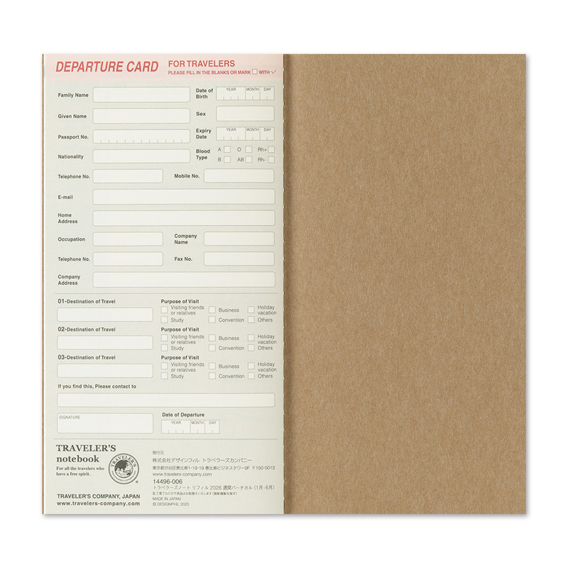 Traveler's Company Traveler's Notebook Refill 2026 Weekly Vertical Diary Regular Size
