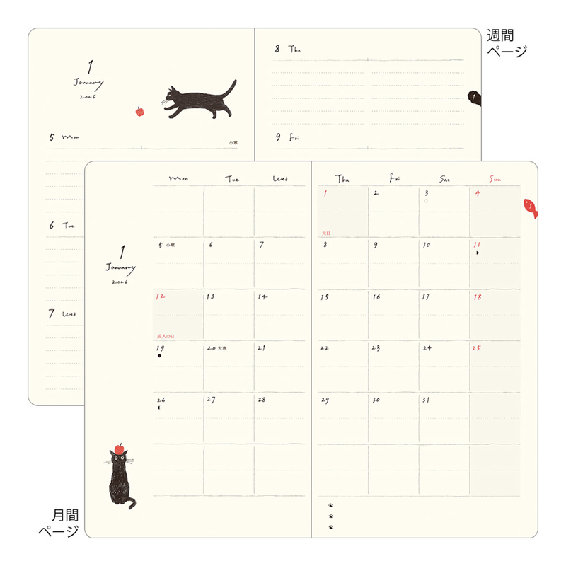 Midori Midori Book Style Diary 2026 Agenda Settimanale B6 Gatti Navy