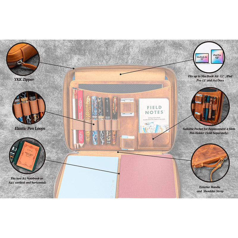 Galen Leather Galen Leather Compendium Bag Zippered Folio A4 Nero
